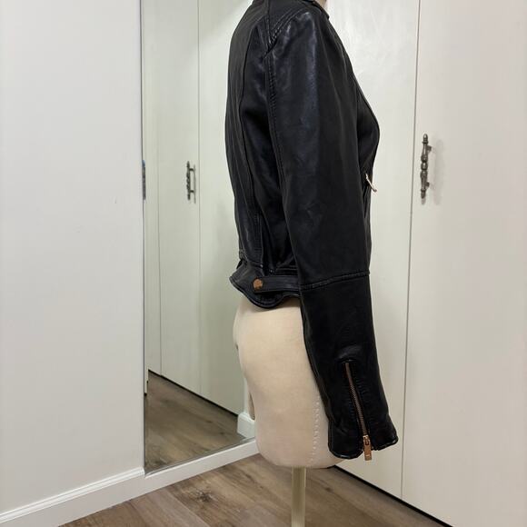 Zara Black Leather Jacket moto gold hardware zipper - Picture 3 of 10
